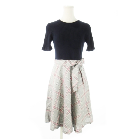 【中古】ブルーレーベルクレストブリッジ ドッキングワンピース ひざ丈 半袖 リボン チェック 38 M 紺 グレー