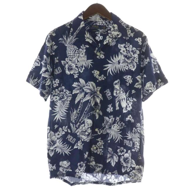 【中古】POLO RALPH LAUREN CUSTOM FIT アロハシャツ オープンカラー 半袖 花柄 総柄 S 紺 白