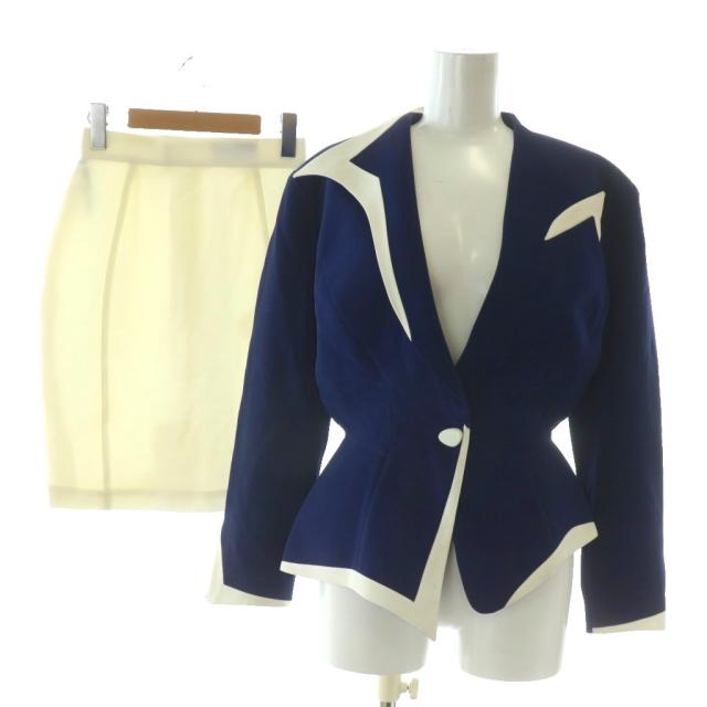【中古】ティエリーミュグレー セットアップ ジャケット 総裏地 肩パッド タイトスカート ひざ丈 9AR M 60-88 紺 白