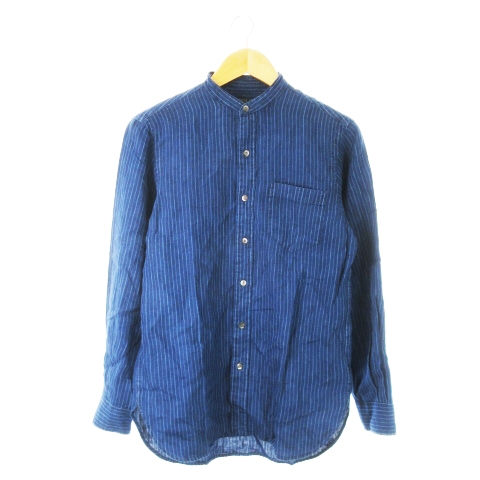 【中古】ポロ ラルフローレン POLO RALPH LAUREN バンドカラーシャツ 長袖 麻 リネン ポケット ストライプ XS 青