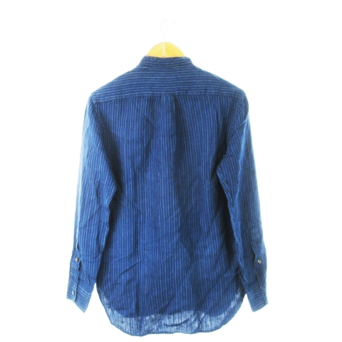 【中古】ポロ ラルフローレン POLO RALPH LAUREN バンドカラーシャツ 長袖 麻 リネン ポケット ストライプ XS 青_1