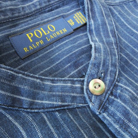【中古】ポロ ラルフローレン POLO RALPH LAUREN バンドカラーシャツ 長袖 麻 リネン ポケット ストライプ XS 青_2