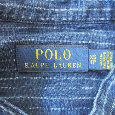 【中古】ポロ ラルフローレン POLO RALPH LAUREN バンドカラーシャツ 長袖 麻 リネン ポケット ストライプ XS 青_6