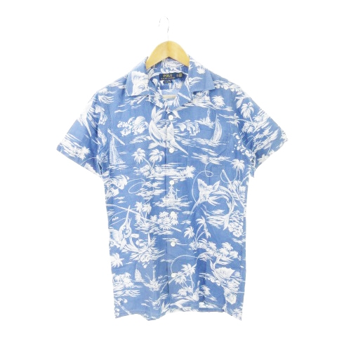 【中古】POLO RALPH LAUREN アロハシャツ 半袖 リネン 麻 ロゴ刺繍 カジキマグロ ヤシの木 総柄 XS 青 ブルー /AH24