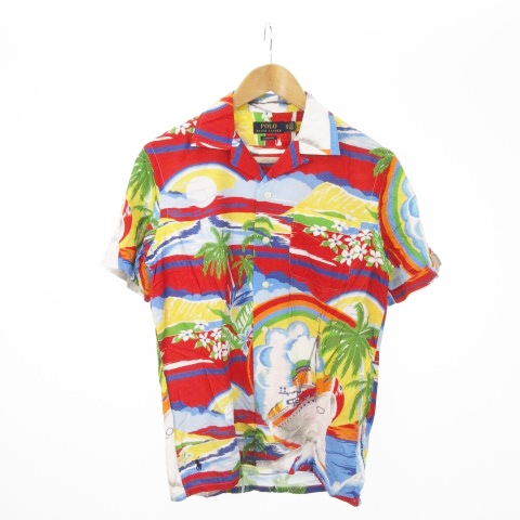 【中古】ポロ ラルフローレン アロハシャツ オープンカラー 開襟 レーヨン 半袖 総柄 船 ヤシの木 リゾート XS 赤