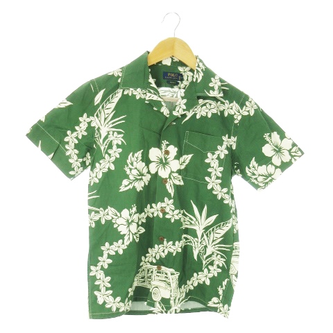 【中古】POLO RALPH LAUREN アロハシャツ 開襟 オープンカラー 半袖 コットン ハイビスカス 花柄 車柄 総柄 XS 緑