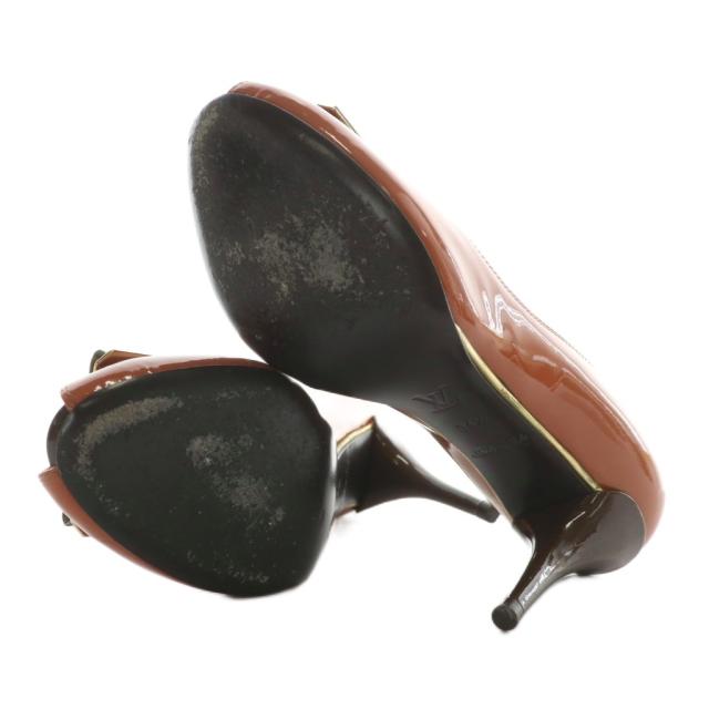 【中古】LOUIS VUITTON パンプス エナメル オープントゥ ハイヒール リボン LVロゴ ゴールド金具 34.5 22cm 茶色_5