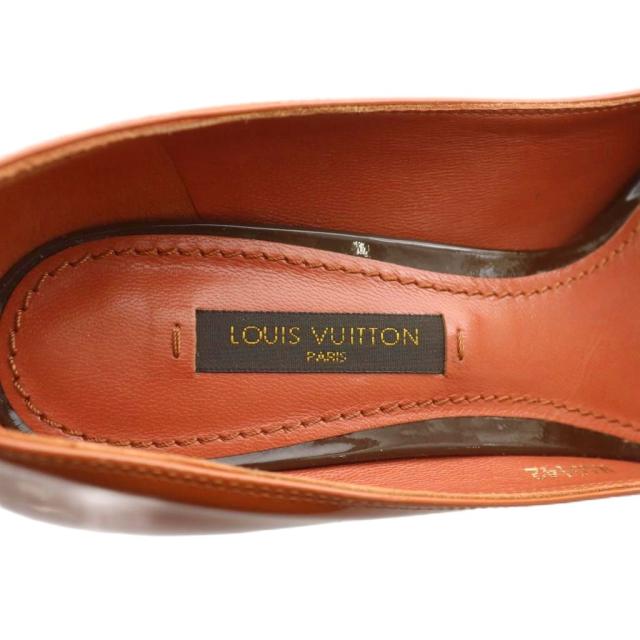 【中古】LOUIS VUITTON パンプス エナメル オープントゥ ハイヒール リボン LVロゴ ゴールド金具 34.5 22cm 茶色_6