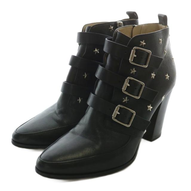 【中古】JIMMY CHOO ショートブーツ レザー ポインテッドトゥ チャンキーヒール スター スタッズ ベルト 38 25cm 黒