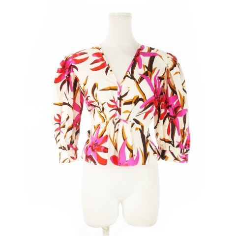 【中古】ダイアンフォンファステンバーグ DIANE von FURSTENBERG ブラウス 七分袖 バックリボン 花柄 4 S ピンク