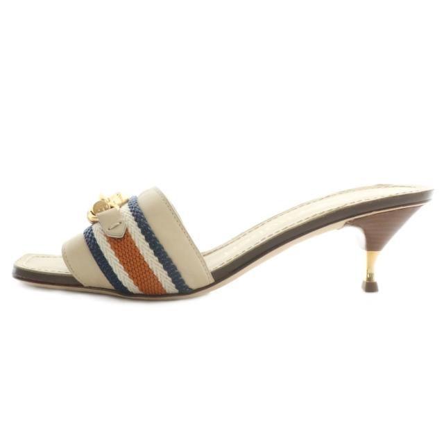 【中古】トリーバーチ TORY BURCH サンダル ミュール レザー スクエアトゥ ヒール ゴールド金具 6.5 23.5cm ベージュ