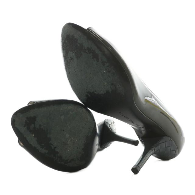 【中古】BOTTEGA VENETA パンプス エナメル オープントゥ ハイヒール イントレチャート 38 24.5cm カーキ