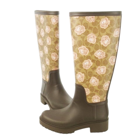 【中古】未使用品 コーチ COACH レインブーツ 長靴 内側ゴア 切替 シグネチャー 花柄 ローズ 6 23.0cm 茶 ブラウン