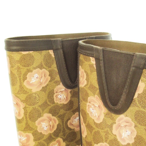 【中古】未使用品 コーチ COACH レインブーツ 長靴 内側ゴア 切替 シグネチャー 花柄 ローズ 6 23.0cm 茶 ブラウン
