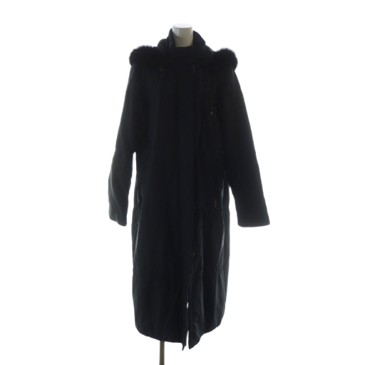 【中古】バルマン BALMAIN ダウンコート 長袖 総裏地 フード 黒 ブラック ロゴ 総柄 ブルーフォックス 絹 シルク 11