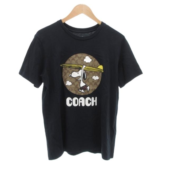 【中古】コーチ COACH 美品 PEANUTS スヌーピー Tシャツ S 175/96A シグネチャー プリント ロゴ 半袖 紺 ネイビー