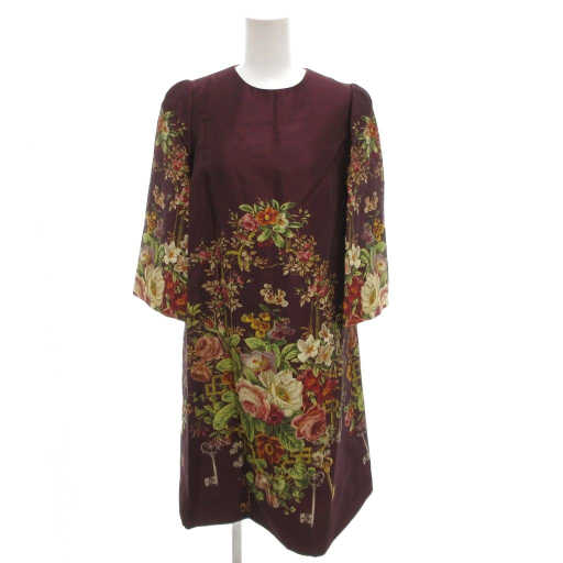 【中古】ドルチェ&ガッバーナ ドルガバ ワンピース 絹 シルク 七分袖 ひざ丈 36 ボルドー ワインレッド 花柄