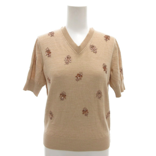 【中古】フェンディ FENDI 美品 25SS ニット セーター Vベック リボン 半袖 ベージュ 花柄 ビーズ刺繍 /FF