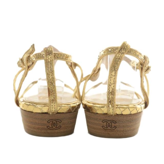 【中古】シャネル CHANEL サンダル パイソン レザー オープントゥ ストラップ ココマーク 35 22.5cm ゴールド色