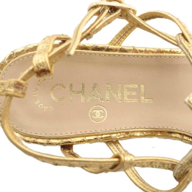 【中古】シャネル CHANEL サンダル パイソン レザー オープントゥ ストラップ ココマーク 35 22.5cm ゴールド色