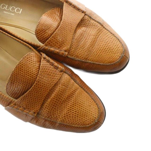 【中古】グッチ GUCCI 100 0300 ローファー ラウンドトゥ ロゴ エンボスリザード 36.5 23.5cm 茶 ブラウン
