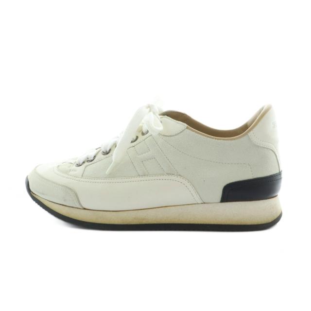 【中古】エルメス HERMES クイック スニーカー シューズ 靴 ロゴ レザー スエード 37.5 24.5cm 白 ホワイト グレー