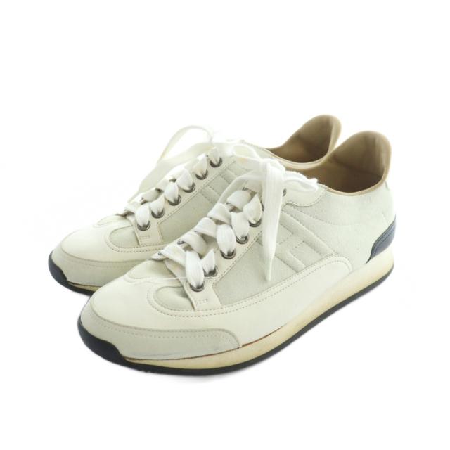 【中古】エルメス HERMES クイック スニーカー シューズ 靴 ロゴ レザー スエード 37.5 24.5cm 白 ホワイト グレー