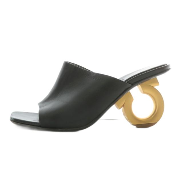 【中古】Salvatore Ferragamo ミュール サンダル レザー オープントゥ スクエア ヒール ガンチーニ 5 22.5cm 黒