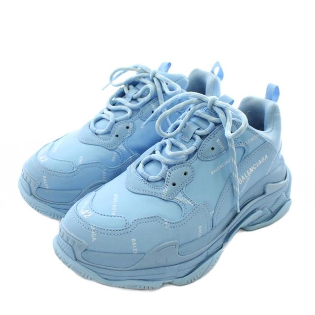 【中古】BALENCIAGA TRIPLE S スニーカー ダッドスニーカー レザー ローカット 厚底 ロゴ 総柄 US9 27.5cm 青 536737