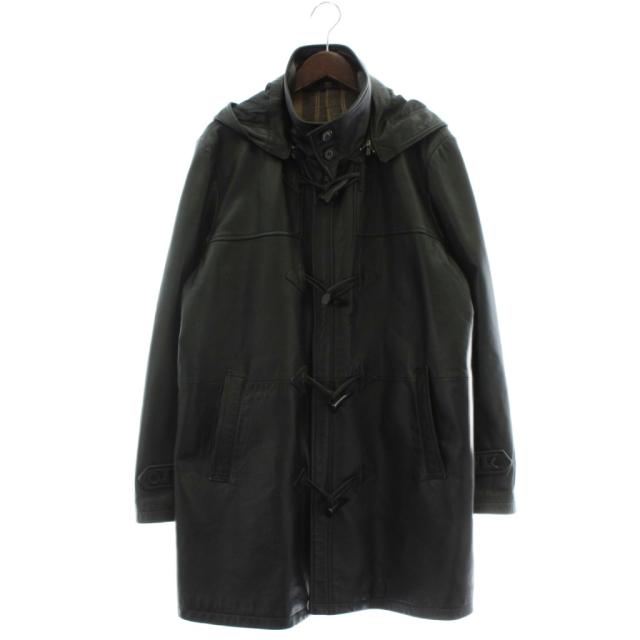 【中古】WIND ARMOR ダッフルコート アウター 羊革 ラムレザー ミドル フード 裏地チェック柄 トグルボタン L 黒