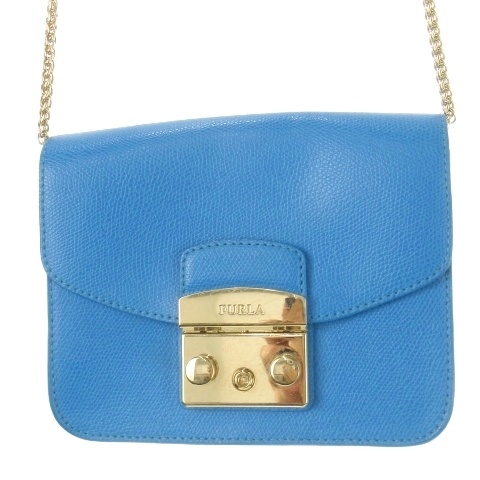 【中古】フルラ FURLA METROPOLIS MINI ショルダーバッグ レザー 革 ロゴ刻印 ロック金具 チェーンストラップ 青