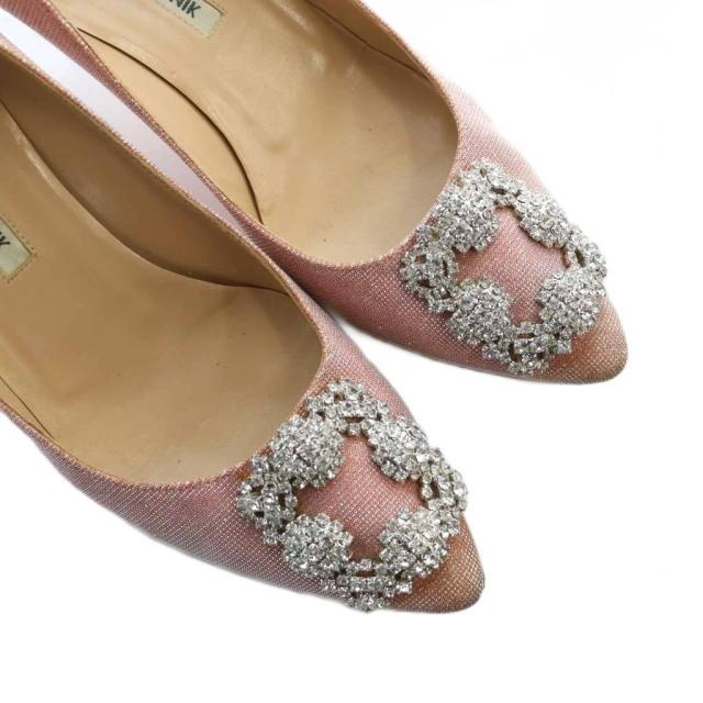 【中古】マノロブラニク MANOLO BLAHNIK パンプス ハンギシ ビジュー ラメ ポインテッドトゥ 37 24.5cm ピンク
