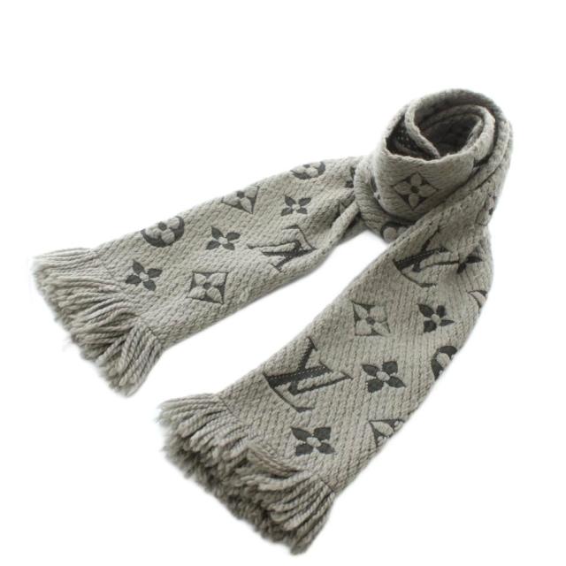 【中古】LOUIS VUITTON エシャルプ ロゴマニア マフラー ストール ウール シルク混 総柄 グリペルル グレー M74742