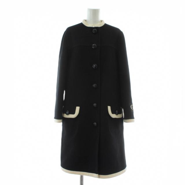 【中古】GUCCI QUELLE QU'EN SOIT LA SAISON コート アウター メリノウール ミドル くるみボタン ロゴ 黒 白