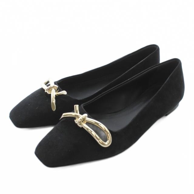 【中古】未使用品 Salvatore Ferragamo ANNIE パンプス フラットシューズ スエード スクエアトゥ 6.5 23.5cm-24cm 黒