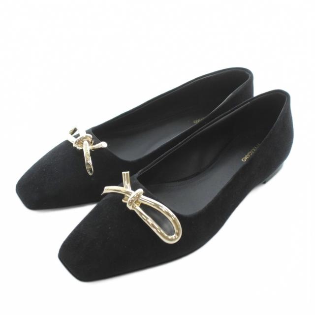 【中古】未使用品 Salvatore Ferragamo ANNIE パンプス フラットシューズ スエード スクエアトゥ ロゴ 8 25.5-26cm 黒
