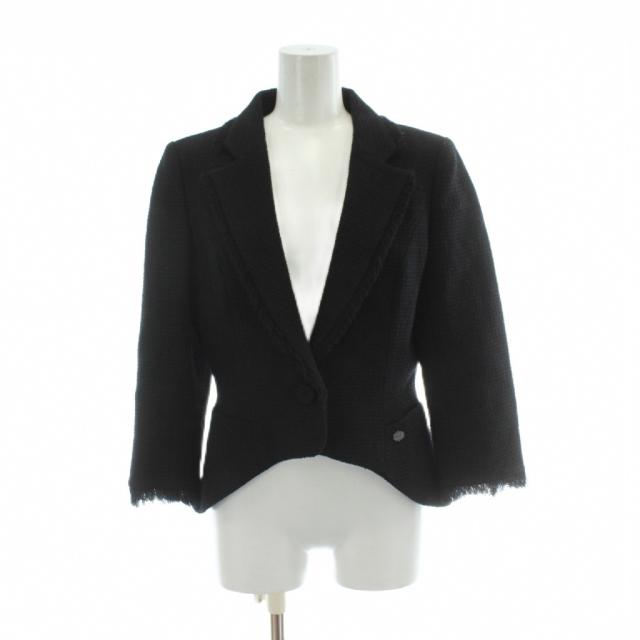 【中古】フォクシー FOXEY スワローテイルツイード ジャケット ウール 40 黒 ブラック クロップド ショート丈