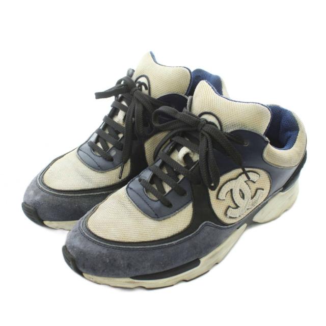 【中古】シャネル CHANEL スニーカー スエード レザー ローカット ココマーク 37 23.5cm 紺 ネイビー 黒 ブラック