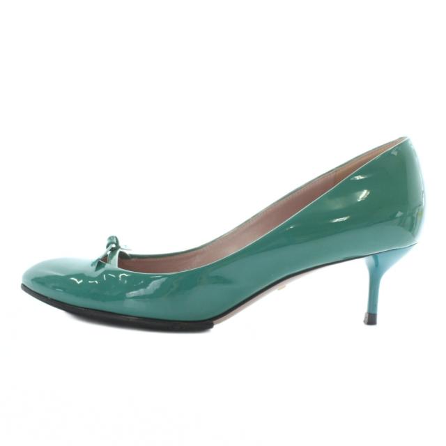 【中古】グッチ GUCCI パンプス エナメル ポインテッドトゥ ヒール リボン 35.5 22.5cm 緑 グリーン 323516