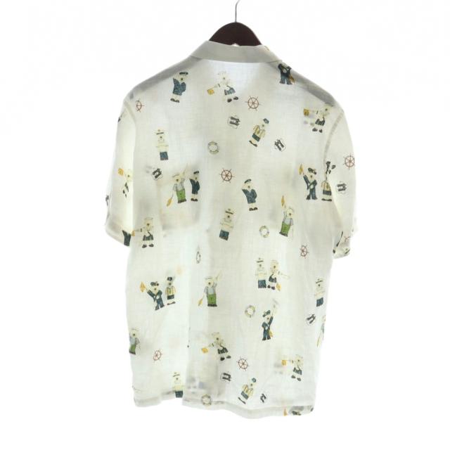 【中古】パパス Papas アロハシャツ ステンカラー 半袖 麻 リネン ロゴ くま 総柄 48 M 白 ホワイト ■GY19 /MQ_1