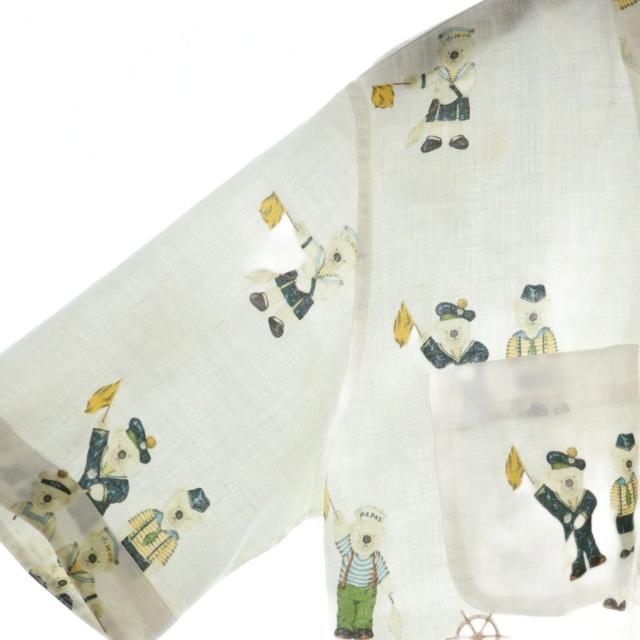 【中古】パパス Papas アロハシャツ ステンカラー 半袖 麻 リネン ロゴ くま 総柄 48 M 白 ホワイト ■GY19 /MQ_2