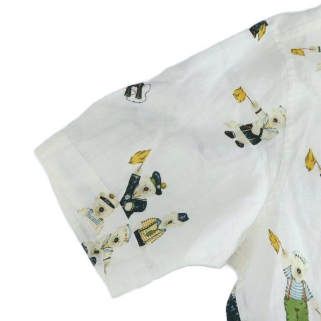 【中古】パパス Papas アロハシャツ ステンカラー 半袖 麻 リネン ロゴ くま 総柄 48 M 白 ホワイト ■GY19 /MQ_3