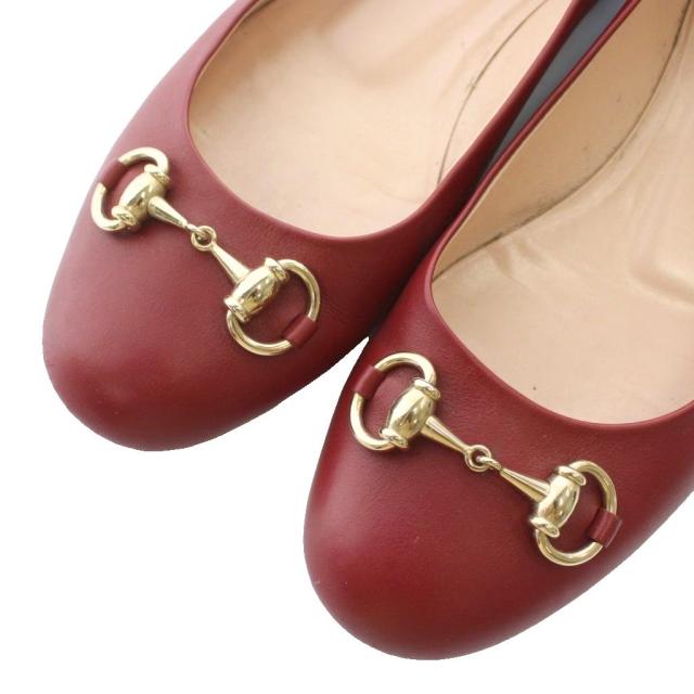 【中古】グッチ GUCCI パンプス フラット レザー ラウンドトゥ ローヒール ホースビット ゴールド金具 37.5 24.5cm 赤