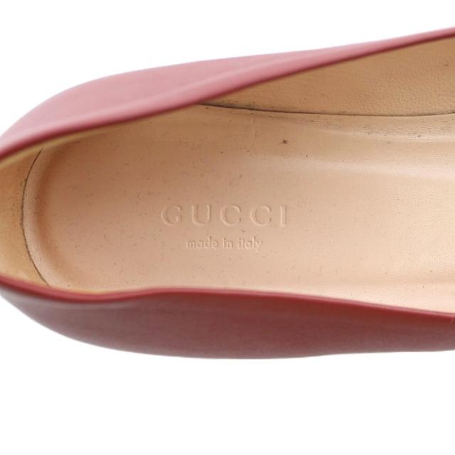 【中古】グッチ GUCCI パンプス フラット レザー ラウンドトゥ ローヒール ホースビット ゴールド金具 37.5 24.5cm 赤