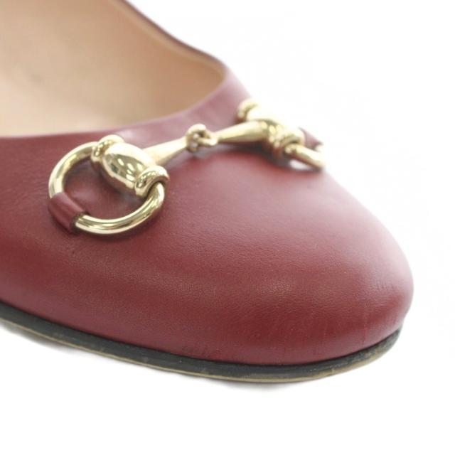 【中古】グッチ GUCCI パンプス フラット レザー ラウンドトゥ ローヒール ホースビット ゴールド金具 37.5 24.5cm 赤