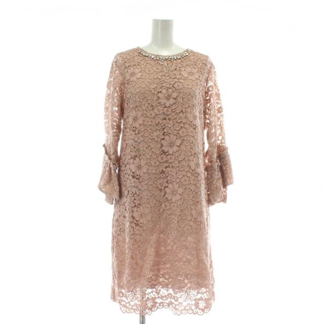 【中古】未使用品 BLUGIRL ワンピース 長袖 ひざ丈 クルーネック 総レース 花柄 ラインストーン 38 M ピンク