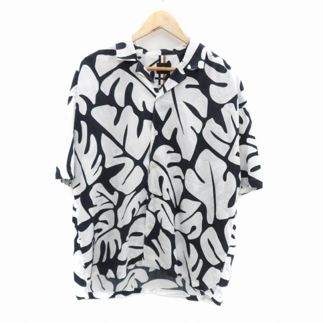 【中古】ヒューゴボス HUGO BOSS アロハシャツ カジュアルシャツ 半袖 総柄 M 紺 ネイビー ホワイト