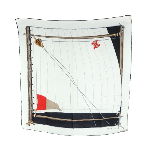 【中古】セリーヌ CELINE 大判スカーフ ストール 絹 シルク ロゴ 総柄 白 ホワイト 紺 ネイビー ■GY19 /MQ