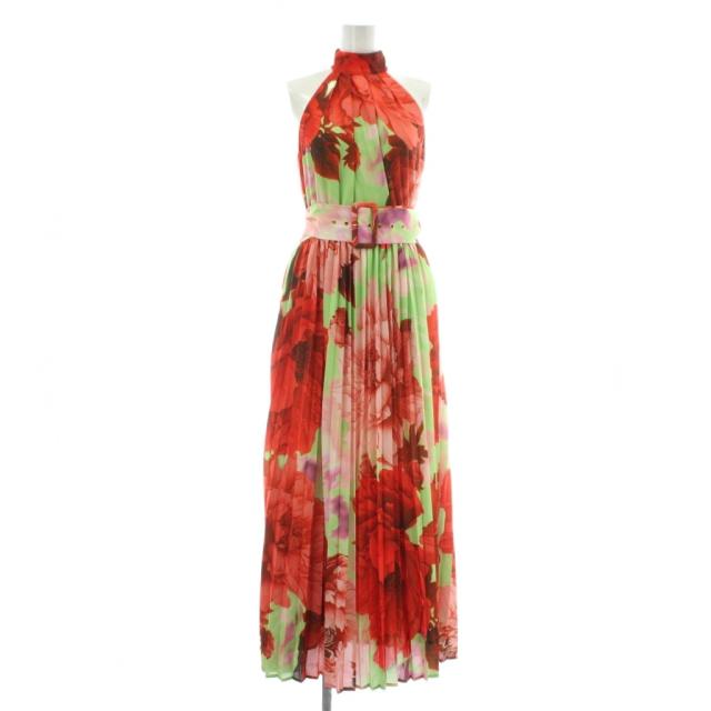 【中古】未使用品 KAREN MILLEN Floral Halter Neck Pleated Midi Dress ワンピース ドレス ロング 花柄 UK6 S 赤 緑