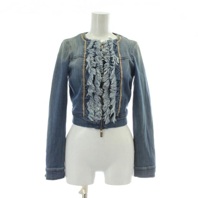 【中古】未使用品 BLUGIRL デニムジャケット Gジャン ノーカラー フリンジ ラインストーン ジップアップ 38 M 青